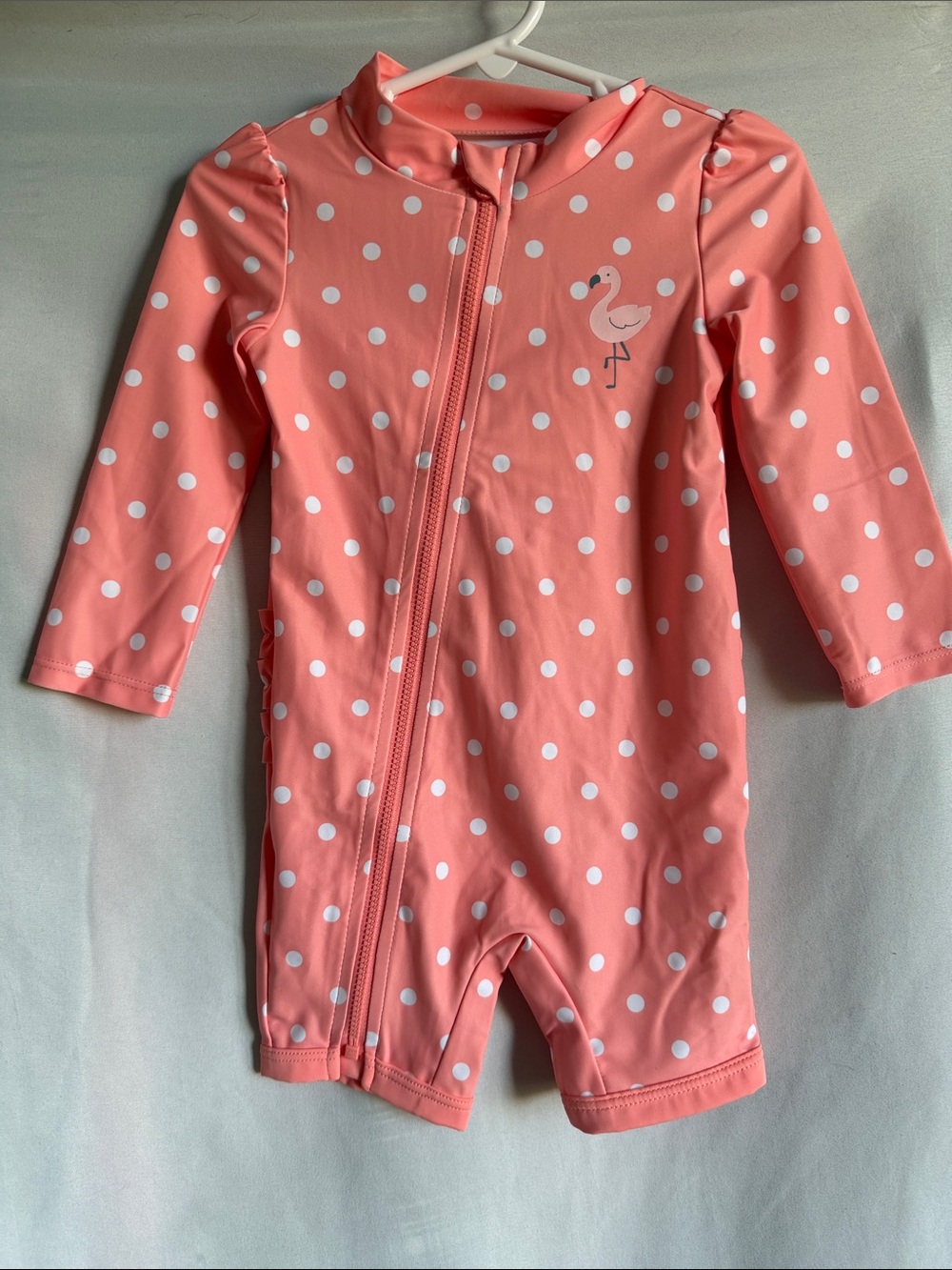 Kids Coral Polka Dot One-Piece Swimsuit with Flamingo